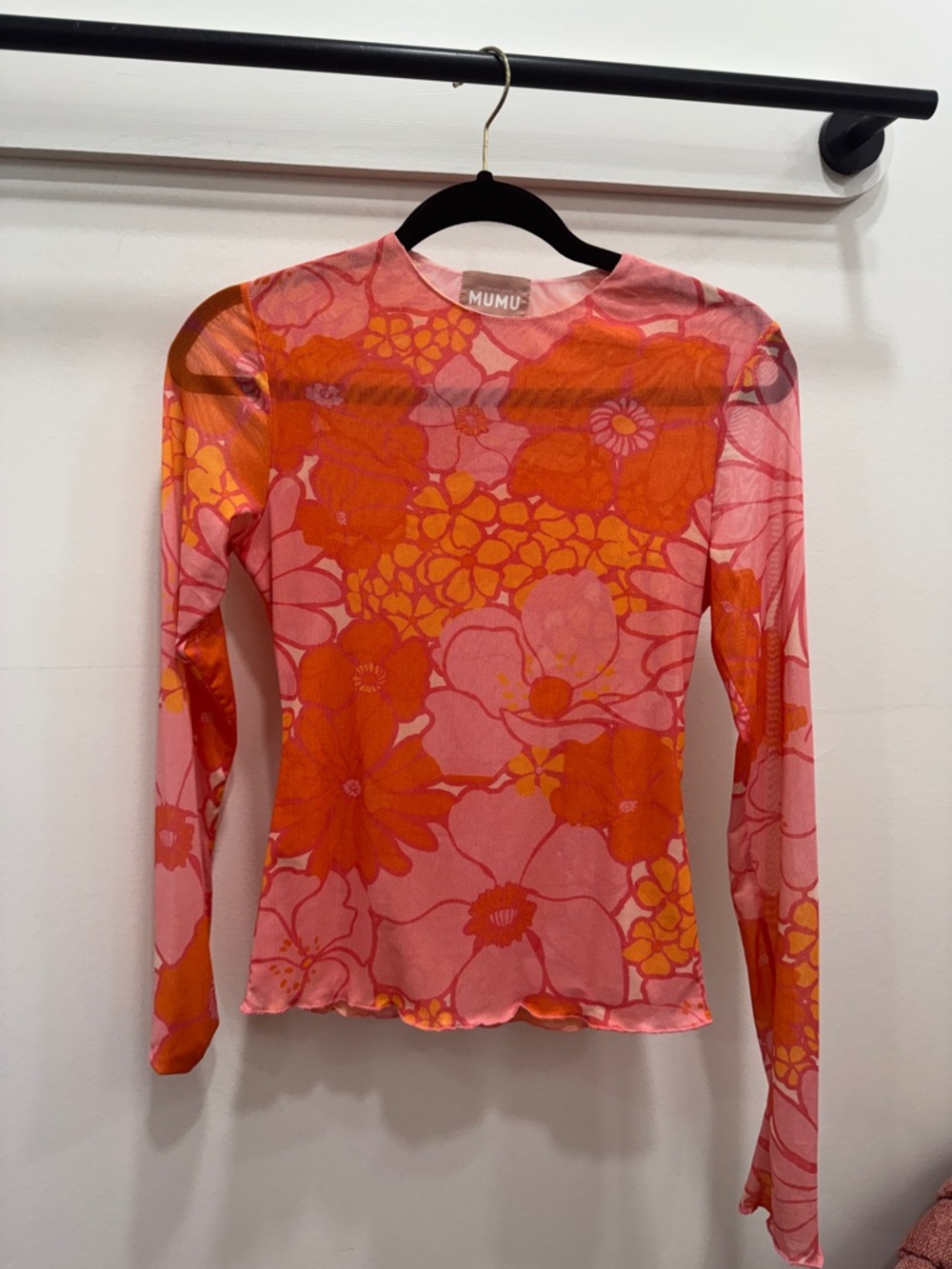 Show Me Your MuMu Pink and Orange Floral Mesh Long Sleeve Top